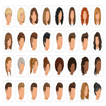 Set of vector hair icons and avatar heads for men and women featuring various hairstyles like braids, curly hair, pixie cuts, mohawks, buns, and fades in an organized grid.