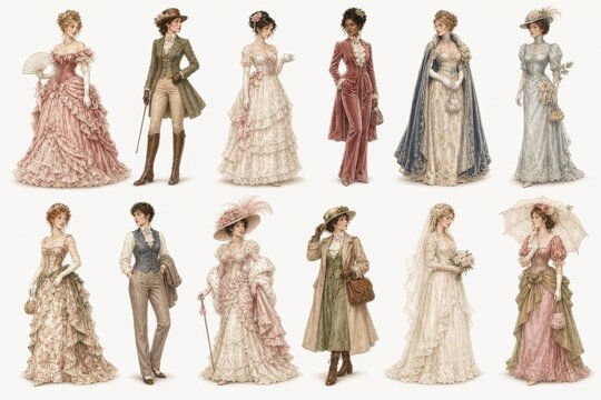 Victorian fashion figures elegant historical costumes
