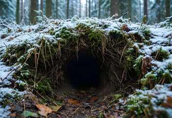 Fototapeta premium Hibernation and wildlife survival, animal burrow entrance in a snowy forest during winter with moss and frozen ground for nature and ecology themes
