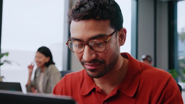 Man, realtor or computer in office with smile, viewing booking or update property listing on website. Agent, PC and coworking in firm with glasses, reading or auction opportunity for extra commission
