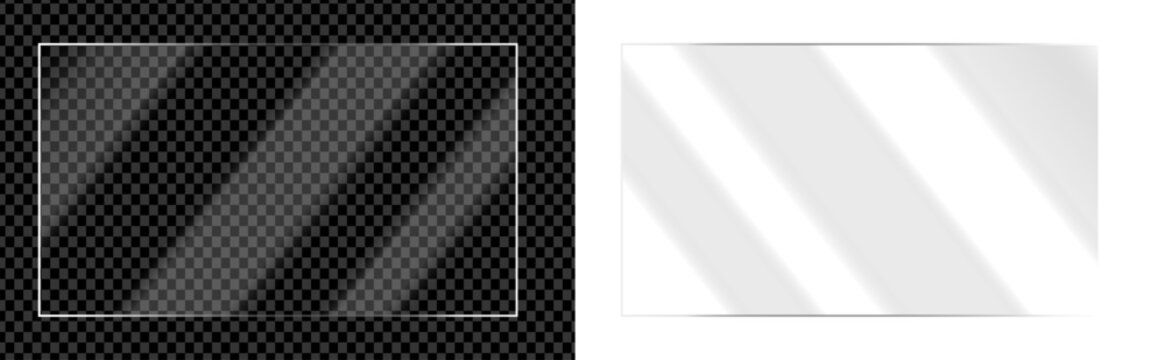 Rectangle frame transparent clear glass panel sheet overlay texture with realistic glossy light reflection empty acrylic vector effect PNG isolated display screen mockup Acrylic layout