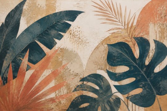Vintage tropical foliage mural with distressed earth tones