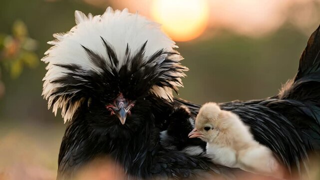 polish chicken with her chicks close up at morning light in poland video