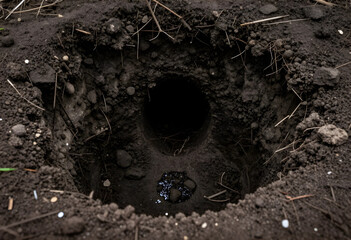 Fototapeta premium Environmental degradation and soil erosion, deep hole in dry earth with water puddle and dark tunnel entrance in rural landscape for land management