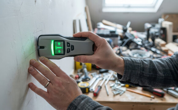 Man using a digital stud finder on a white wall to locate internal beams during home renovation and DIY construction