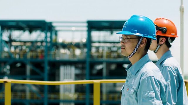 Male engineer or technician worker wearing safety jacket, helmet, protective eyeglasses walking through refinery plant factory. Oil industry, maintenance, safety, engineering, industrial workforce