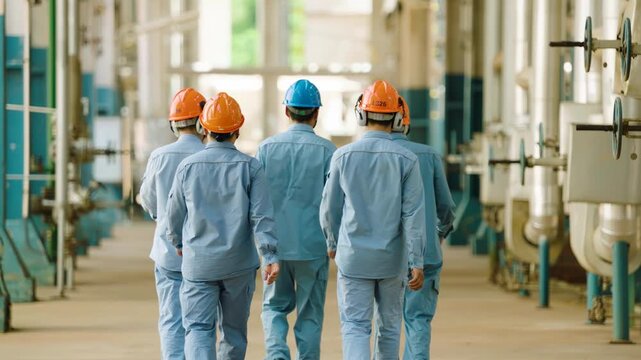 Male engineer or technician workers wearing safety jacket, hard hat walking through oil refinery plant factory. Industrial safety, chemical engineering, manufacturing worker, career in energy sector