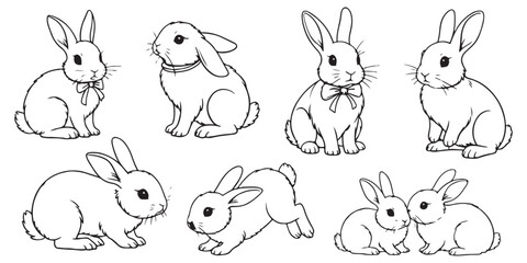 Obraz premium Seven delightful bunny drawings with playful details like bows and ribbons for decorative or celebratory themes.
