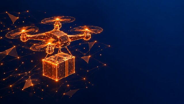 Futuristic glowing drone carrying a delivery gift box representing fast shipping. black friday with package delivery online order express delivery quadcopter propeller. black friday