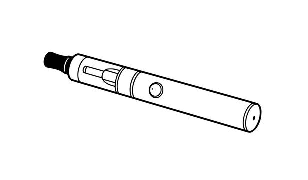 Electronic cigarette vape pen with clear tank and black mouthpiece, clean black outline vector illustration isolated on white background