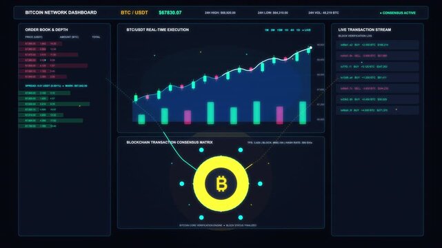 Bitcoin trading dashboard with financial analytics, chart growth, digital currency data, management strategy, technology analysis, innovation element