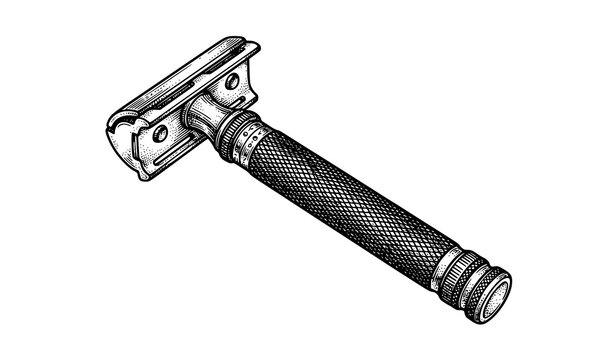 Hand drawn vintage double edge safety razor with knurled handle, detailed engraving style shaving vector illustration isolated on white background