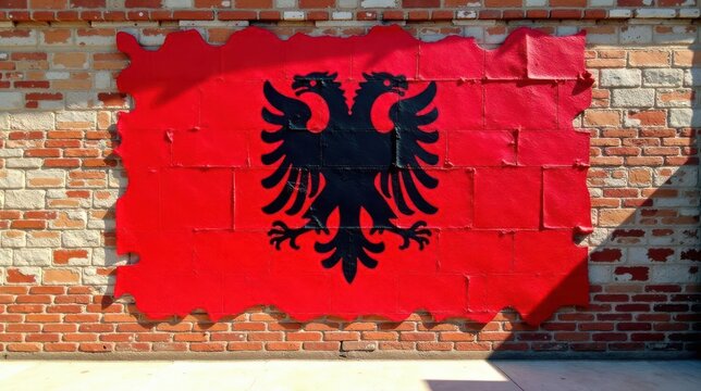A vibrant red painted emblem, shaped like an irregular patch, adorns a weathered brick wall, showcasing a stylized two-headed black eagle at its center.