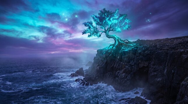 Magical glowing tree stands on a dark rocky precipice above crashing sea waves under a celestial purple and blue night sky