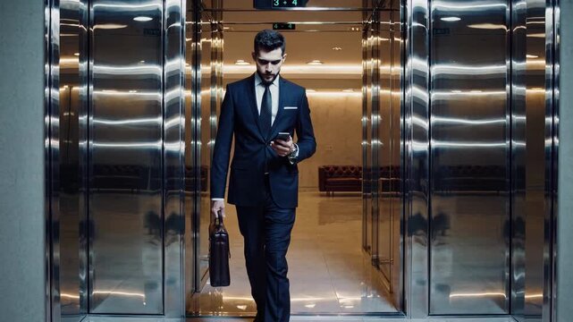 Corporate executive carrying briefcase walks forward while looking down at smartphone. Focused professional advances along corridor framed by polished reflective elevator doors inside office.