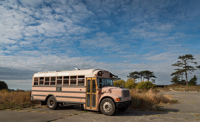 Pinkish school bus parked © Steve's Photos