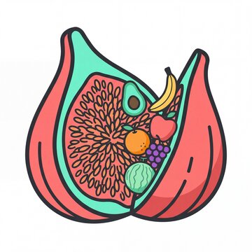 Sliced open giant fig with assorted organic fruits vektor art