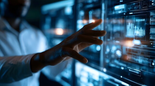 A person interacts with a futuristic transparent display showing glowing data visualizations in a dimly lit tech environment