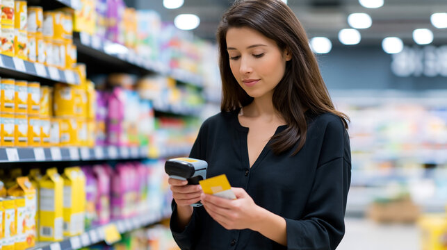 Woman comparing payment card and smartphone while shopping among colorful supermarket shelves, modern grocery store interior and retail shopping scene