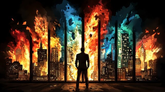 Man Overlooking Burning City at Night - Urban Crisis and Chaos Illustration