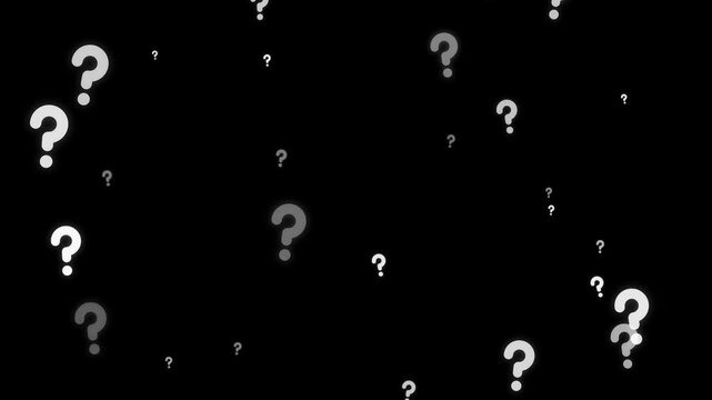 Floating question mark animation with rising inquiry symbols, uncertainty concept, FAQ support, problem solving, curiosity, and information search visual.