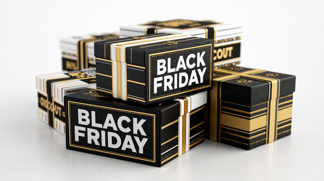Stacked black and gold gift boxes promoting seasonal shopping events and holiday discount sales