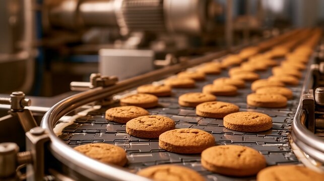 Freshly baked golden cookies move efficiently on a modern factory conveyor belt, isolated on transparent background. This represents automated food production and quality control.