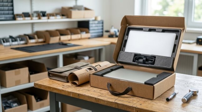 New laptop unboxing, showcasing product packaging with protective foam and accessories on a wooden table