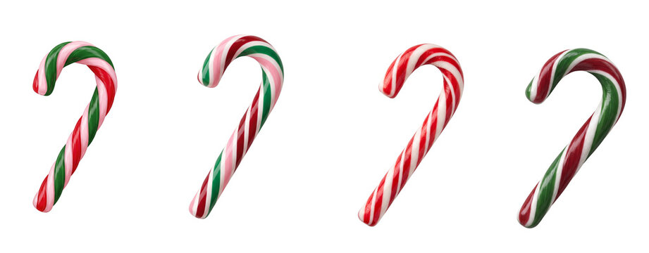 Set of four traditional striped candy canes isolated with christmas sweets sugar canes holiday treats peppermint sticks red white candy sweet snacks striped pattern sugar isolated PNG