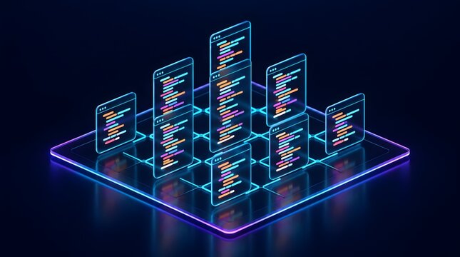 Isometric programming concept with glowing digital code panels on a futuristic grid for software development system architecture and data processing
