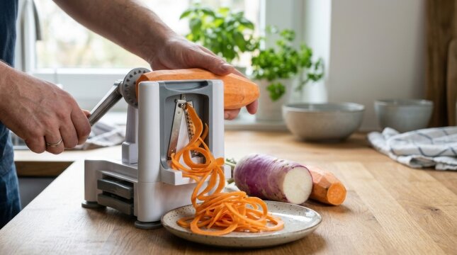 Person preparing sweet potato noodles using a spiralizer in a kitchen setting