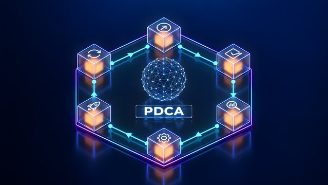 PDCA continuous improvement concept with glowing glass cubes and digital icons surrounding a wireframe globe on a dark background