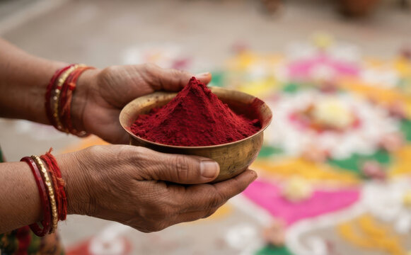 Woman holding a brass bowl filled with red kumkum powder for traditional Indian ritual celebration