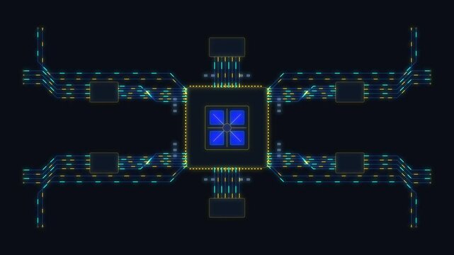 circuit board animation with glowing blue and yellow neon lights, data transfer, technology background, cyber security analysis