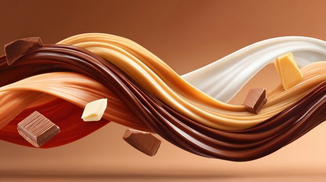 Flowing melted chocolate waves in dark milk and white varieties with floating chocolate chunks, dessert ingredient concept