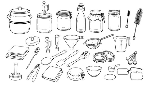 Fermentation equipment set with jars airlocks utensils and measuring tools for recipe and packaging design