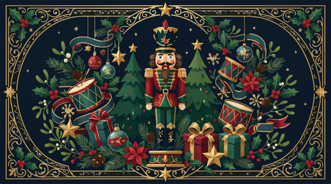 Christmas Vintage retro Christmas border frame vector, ornate gold and green nutcracker illustration, holiday decorative layout, festive border ornament template