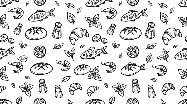 Hand drawn food and seafood black line seamless pattern background featuring sketch fish shrimp croissant bread tomatoes basil leaves and salt shakers