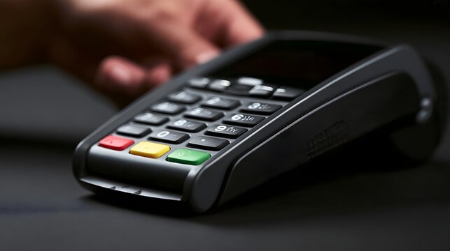 Close up of a hand using a payment terminal with numeric keypad and colored function buttons for transaction processing