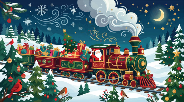 Christmas Festive Christmas train carrying Santa and presents, winter night landscape, vintage snowy forest scene, holiday gift delivery, vector illustration, decorative border