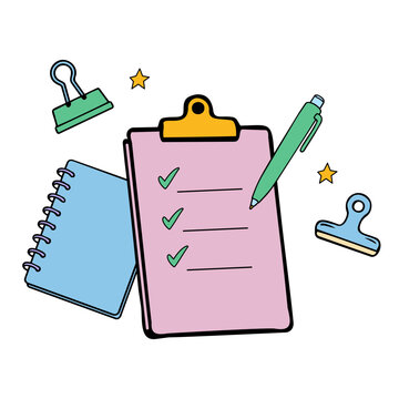 Stationery organization doodle with clipboard notebook and office supplies for planning and productivity design assets