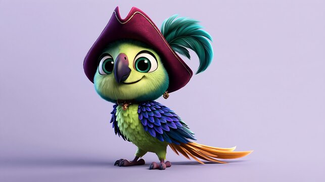 Cute Fantasy Pirate Bird with Feathered Hat on Lilac Background