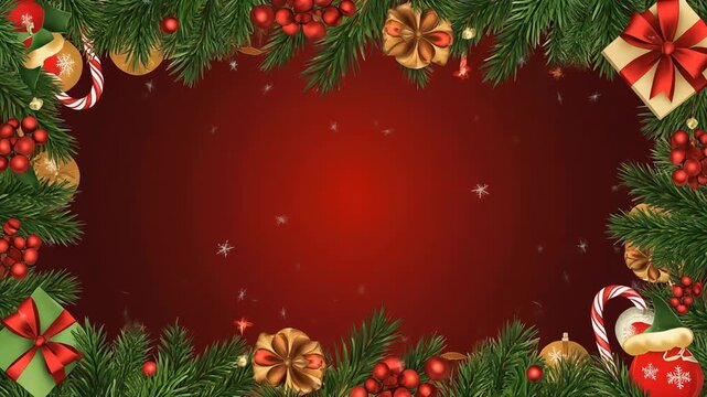 Christmas festive border frame with pine branches, gift boxes, candy canes, holly berries, and falling snow on red background 3D render