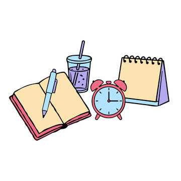 Time planning doodle with notebook pen calendar and clock for productivity scheduling and office design assets