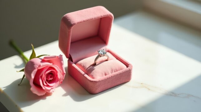 A sparkling diamond engagement ring rests inside a soft pink velvet jewelry box, accompanied by a delicate pink rose, bathed in sunlight on a smooth, marble surface.
