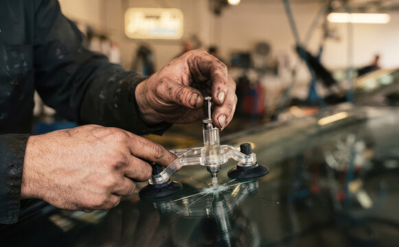 Professional mechanic repairing cracked windshield with resin tool in auto repair shop