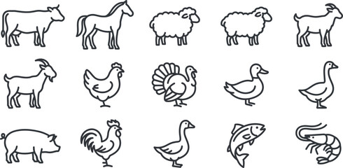 Obraz premium Farm animals livestock poultry and seafood black line icon set featuring cow horse sheep goat chicken turkey duck goose pig fish and shrimp