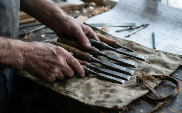 Elderly male woodworker selecting carving chisels from a canvas tool roll in his workshop, representing traditional craftsmanship