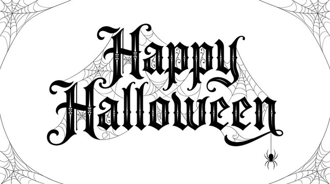 Happy Halloween text with spider webs and spider isolated on
