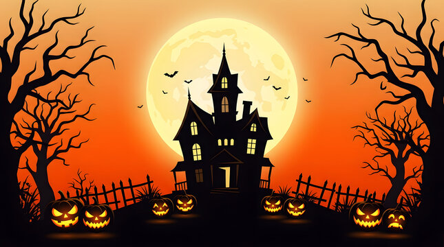 Halloween haunted house with glowing pumpkins and full moon